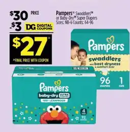 Dollar General Pampers Swaddlers or Baby-Dry Super Diapers offer