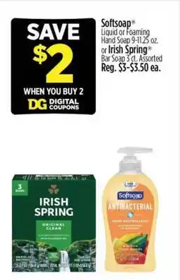 Dollar General Softsoap Liquid or Foaming Hand Soap or Irish Spring Bar Soap offer