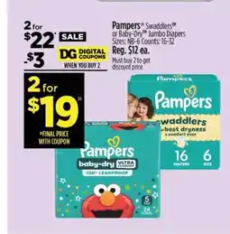 Dollar General Pampers Swaddlers or Baby-Dry Jumbo Diapers offer