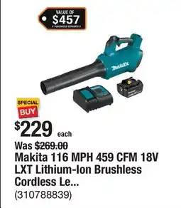 The Home Depot Makita 116 MPH 459 CFM 18V LXT Lithium-Ion Brushless Cordless Leaf Blower Kit offer