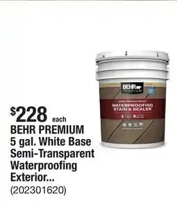 The Home Depot BEHR PREMIUM 5 gal. White Base Semi-Transparent Waterproofing Exterior Wood Stain and Sealer offer