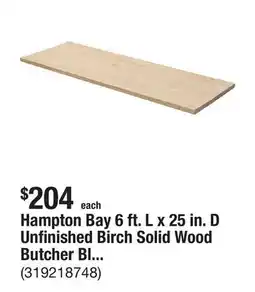 The Home Depot Hampton Bay 6 ft. L x 25 in. D Unfinished Birch Solid Wood Butcher Block Countertop with Square Edge offer