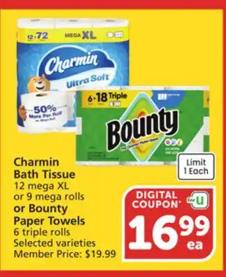 Vons Charmin Bath Tissue 12 mega XL or 9 mega rolls or Bounty Paper Towels 6 triple rolls offer
