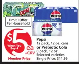 Vons Pepsi 12 pack, 12 oz. cans or Prebiotic Cola 8 pack, 12 oz offer