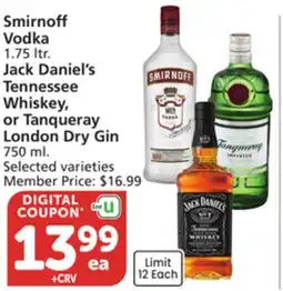 Albertsons Smirnoff Vodka 1.75 ltr. Jack Daniel's Tennessee Whiskey, or Tanqueray London Dry Gin 750 ml offer