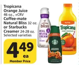 Albertsons Tropicana Orange Juice 46 oz., Coffee-mate Natural Bliss 32 oz. or Starbucks Creamer 24-28 oz offer