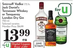 Pavilions Smirnoff Vodka 1.75 ltr. Jack Daniel's Tennessee Whiskey or Tanqueray London Dry Gin 750 ml offer