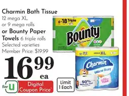 Pavilions Charmin Bath Tissue 12 mega XL or 9 mega rolls or Bounty Paper Towels 6 triple rolls offer