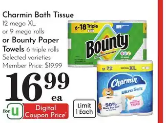 Pavilions Charmin Bath Tissue 12 mega XL or 9 mega rolls or Bounty Paper Towels 6 triple rolls offer