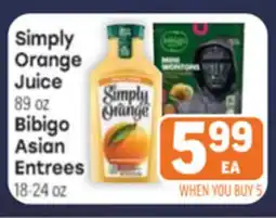 Tony’s Fresh Market Simply Orange Juice 89 oz Bibigo Asian Entrees 18-24 oz offer