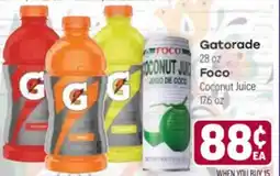 Tony’s Fresh Market Gatorade 28 oz Foco Coconut Juice 17.6 oz offer
