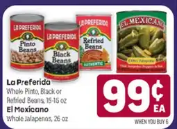 Tony’s Fresh Market La Preferida Whole Pinto, Black or Refried Beans, 15-16 oz or El Mexicano Whole Jalapeños, 26 oz offer