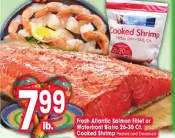 Jewel-Osco Fresh Atlantic Salmon Fillet or Waterfront Bistro 26-30 Ct. Cooked Shrimp offer