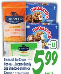 Jewel-Osco Drumstick Ice Cream Cones 8 ct. Lucerne Family Size Shredded and Block Cheese 32 oz offer