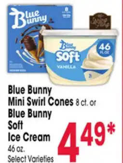 Jewel-Osco Blue Bunny Mini Swirl Cones 8 ct. or Blue Bunny Soft Ice Cream 46 oz offer