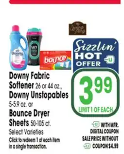 Jewel-Osco Downy Fabric Softener 26 or 44 oz., Downy Unstopables 5-5.9 oz. or Bounce Dryer Sheets 50-105 ct offer