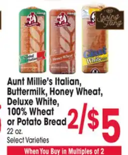 Jewel-Osco Aunt Millie's Italian, Buttermilk, Honey Wheat, Deluxe White, 100% Wheat or Potato Bread offer