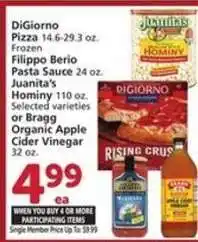 Albertsons DiGiorno Pizza, Filippo Berio Pasta Sauce, Juanita's Hominy, Bragg Organic Apple Cider Vinegar offer