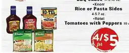 Rio Valley Market BBQ Sauce, 11.5-18 oz. •Knorr Rice or Pasta Sides 4-5.7 oz. •Rotel Tomatoes with Peppers 10 oz offer