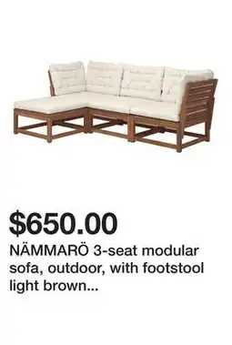 Ikea NÄMMARÖ 3-seat modular sofa, outdoor, with footstool light brown stained/Kuddarna light grey-beige offer