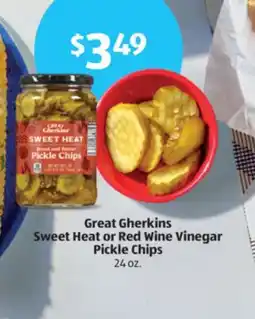 Aldi Great Gherkins Sweet Heat or Red Wine Vinegar Pickle Chips offer