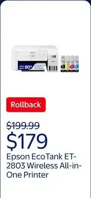 Walmart Epson EcoTank ET-2803 Wireless All-in-One Cartridge-Free Printer offer