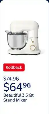 Walmart Beautiful 3.5 Qt Stand Mixer, White Icing with Flat Beater, Dough Hook, Balloon Whisk offer