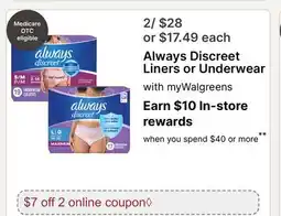 Walgreens Always Discreet Liners or Underwear offer