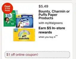 Walgreens Bounty, Charmin or Puffs Paper Products offer