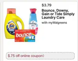 Walgreens Bounce, Downy, Gain or Tide Simply Laundry Care offer