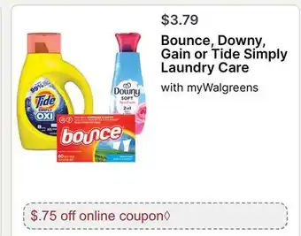Walgreens Bounce, Downy, Gain or Tide Simply Laundry Care offer