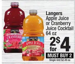 Super King Markets Langers Apple Juice or Cranberry Juice Cocktail offer