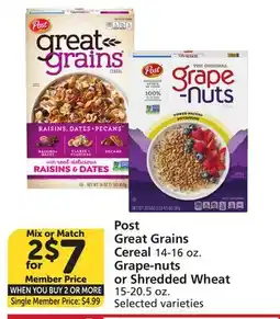 Albertsons Post Great Grains Cereal 14-16 oz. Grape-nuts or Shredded Wheat 15-20.5 oz offer