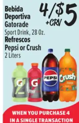El Super Gatorade Sport Drink, 28Oz., Pepsi or Crush 2 Liters offer