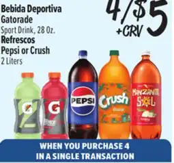 El Super Fresh Gatorade Sport Drink, 28 Oz. Pepsi or Crush 2 Liters offer