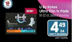 Tony’s Fresh Market U By Kotex Ultra Thin 1x Pads offer