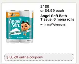 Walgreens Angel Soft Bath Tissue, 6 mega rolls offer