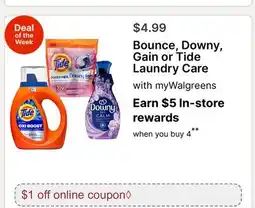 Walgreens Bounce, Downy, Gain or Tide Laundry Care offer