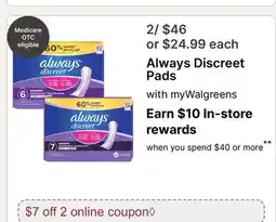 Walgreens Always Discreet Pads offer