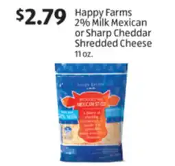 Aldi Happy Farms 2% Milk Mexican or Sharp Cheddar Shredded Cheese offer