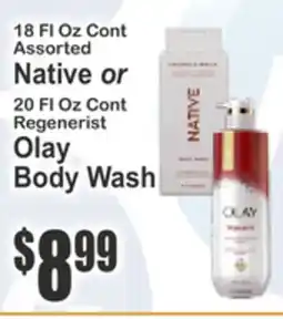 Food Universe 18 Fl Oz Cont Assorted Native or 20 Fl Oz Cont Regenerist Olay Body Wash offer
