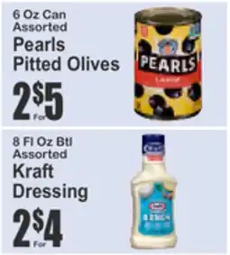 Food Universe 6 Oz Can Assorted Pearls Pitted Olives, 8 Fl Oz Btl Assorted Kraft Dressing offer