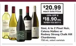 ACME Simi, A to Z Pinot Noir, Catena Malbec or Rodney Strong Chalk Hill Chardonnay offer