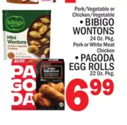 C Town BIBIGO WONTONS 24 Oz. Pkg., PAGODA EGG ROLLS 22 Oz. Pkg offer