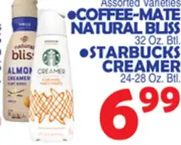 Bravo Supermarkets COFFEE-MATE NATURAL BLISS 32 Oz. Btl., STARBUCKS CREAMER 24-28 Oz. Btl offer