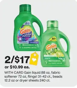 CVS Gain liquid 88 oz, fabric softener 72 oz, flings! 31-42 ct., beads 12.2 oz or dryer sheets 240 ct offer