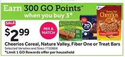 Stop&Shop Cheerios Cereal, Nature Valley, Fiber One or Treat Bars offer