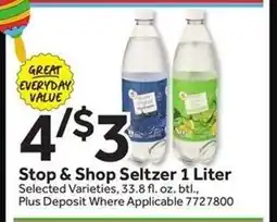 Stop&Shop Stop & Shop Seltzer 1 Liter offer