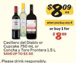 Winn Dixie Casillero del Diablo or Cupcake 750 mL or Concha y Toro Frontera 1.5 L offer