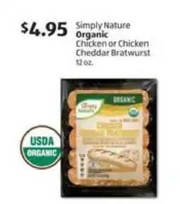 Aldi Simply Nature Organic Chicken or Chicken Cheddar Bratwurst offer